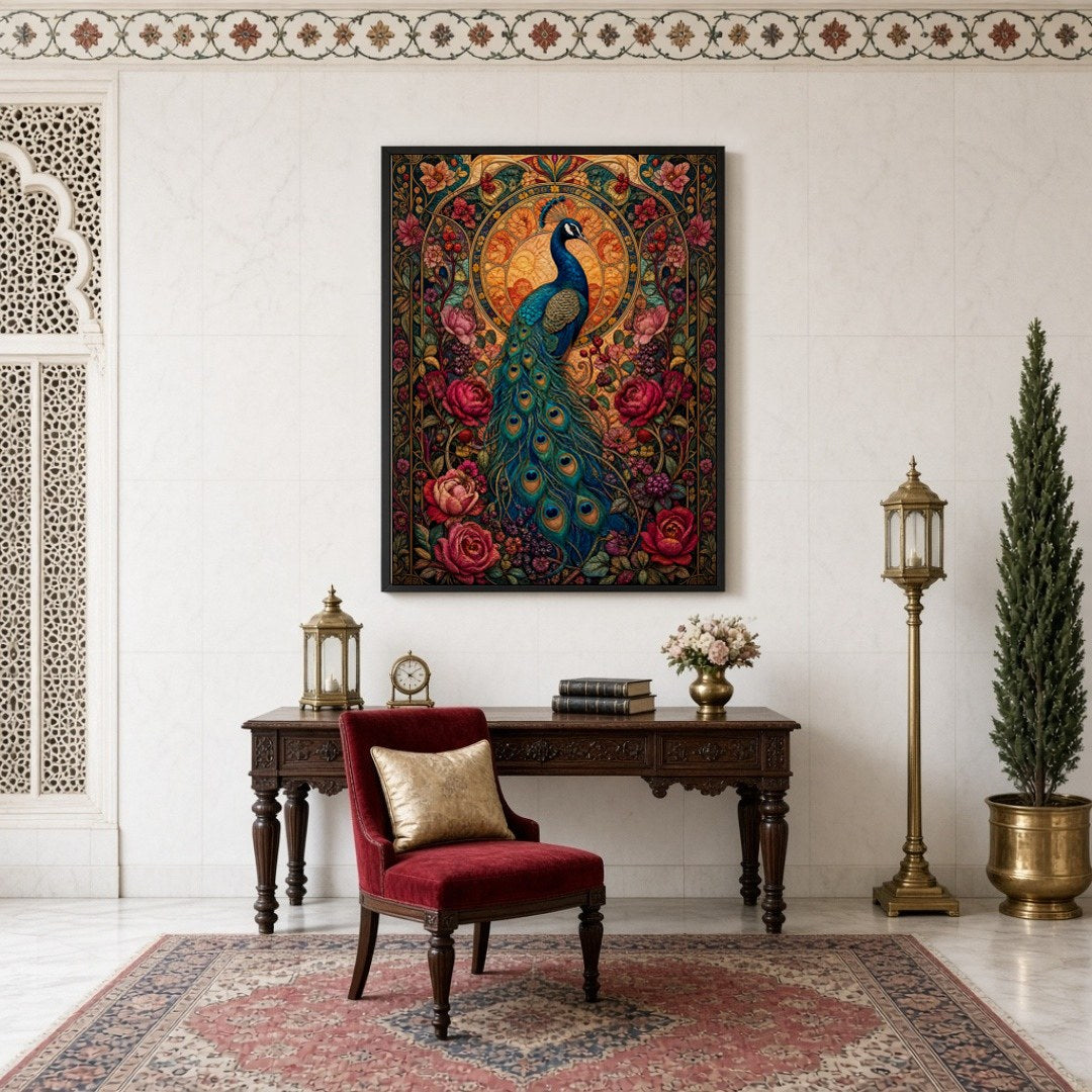 Experience the regal beauty of the peacock captured amidst a vibrant tapestry of blooming flowers for Study