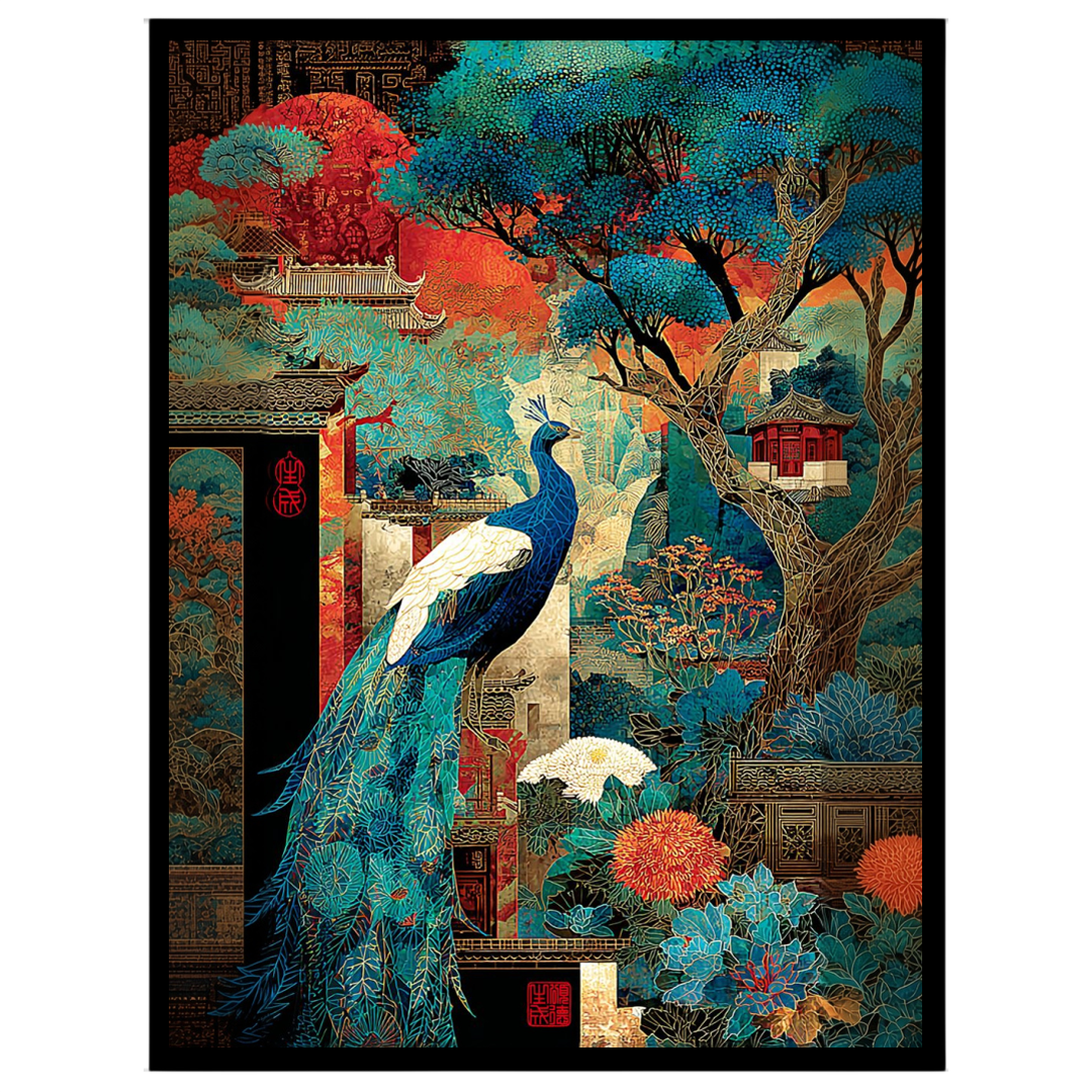 Immerse yourself in the captivating beauty of a regal peacock gracefully poised amidst a vibrant for bedroom