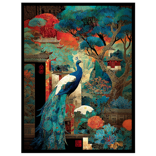 Immerse yourself in the captivating beauty of a regal peacock gracefully poised amidst a vibrant for bedroom