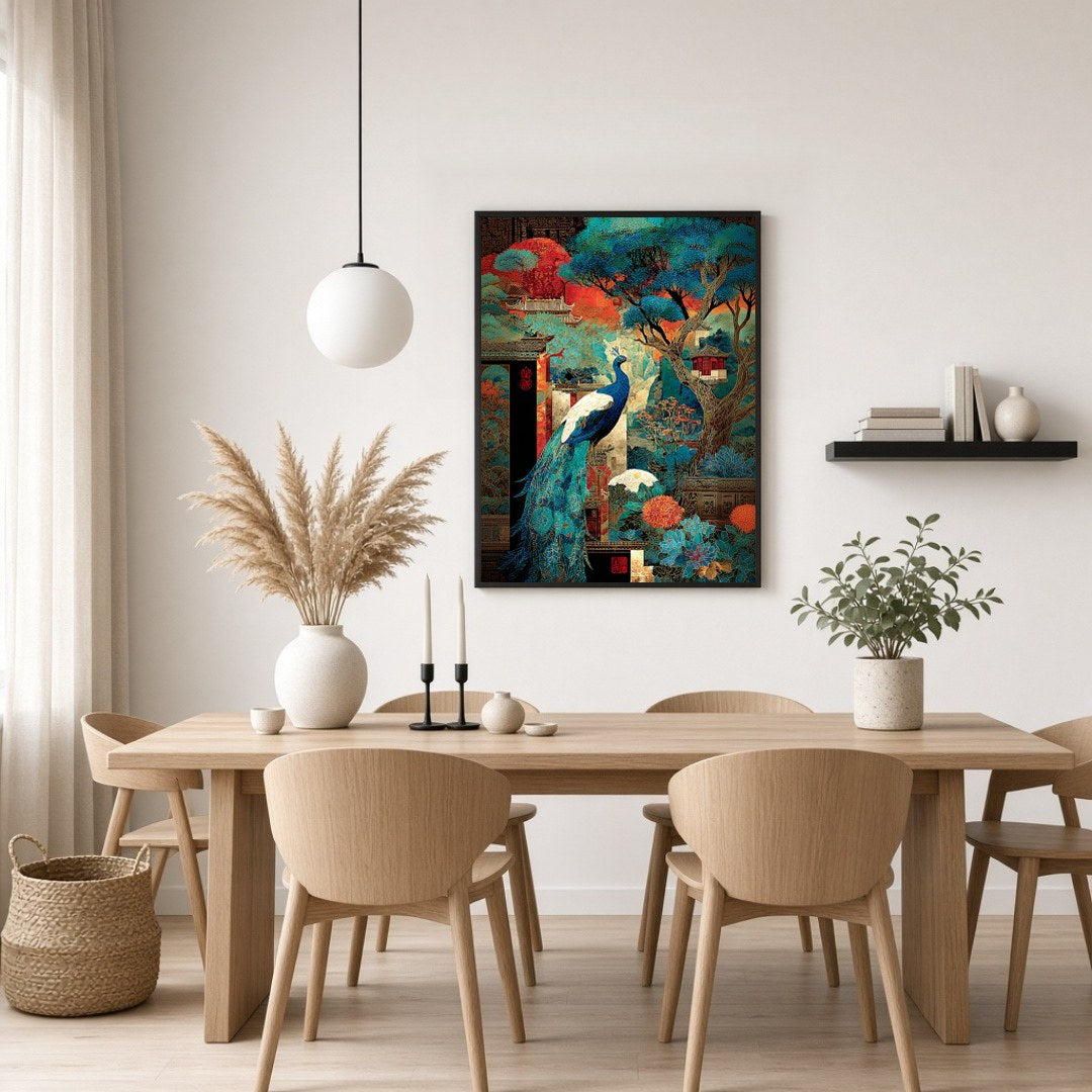 Immerse yourself in the captivating beauty of a regal peacock gracefully poised amidst a vibrant for Dining