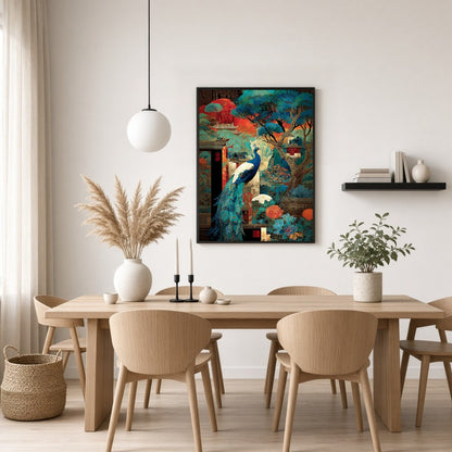 Immerse yourself in the captivating beauty of a regal peacock gracefully poised amidst a vibrant for Dining