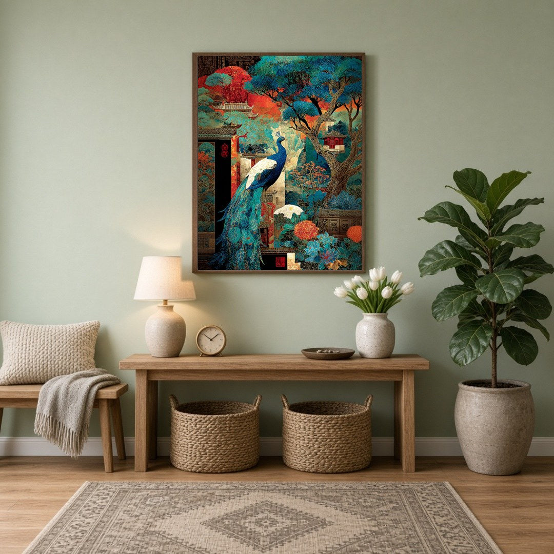 Immerse yourself in the captivating beauty of a regal peacock gracefully poised amidst a vibrant for Entrance