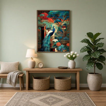 Immerse yourself in the captivating beauty of a regal peacock gracefully poised amidst a vibrant for Entrance