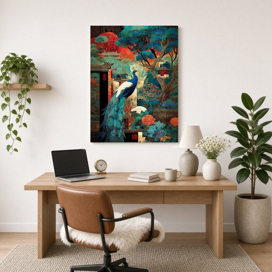 Immerse yourself in the captivating beauty of a regal peacock gracefully poised amidst a vibrant for Home Office