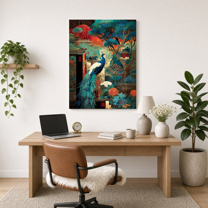 Immerse yourself in the captivating beauty of a regal peacock gracefully poised amidst a vibrant for Home Office