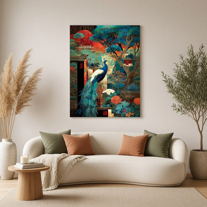 Immerse yourself in the captivating beauty of a regal peacock gracefully poised amidst a vibrant for Living Room