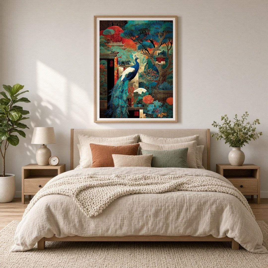 Immerse yourself in the captivating beauty of a regal peacock gracefully poised amidst a vibrant for office