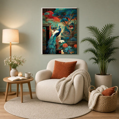 Immerse yourself in the captivating beauty of a regal peacock gracefully poised amidst a vibrant for Reading Nook