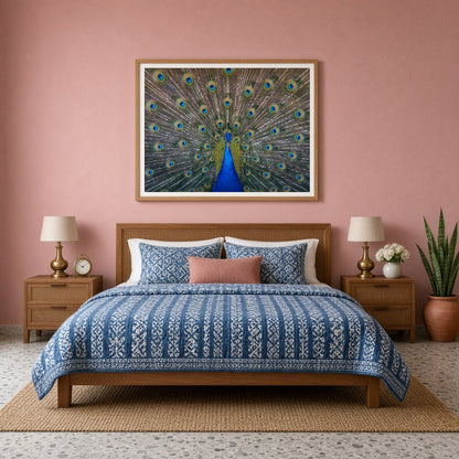 Elevate your space with the vibrant beauty of the Majestic Peacock Splendor Vastu Art Print. This for Bedroom