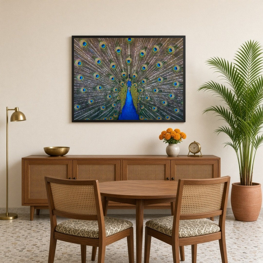 Elevate your space with the vibrant beauty of the Majestic Peacock Splendor Vastu Art Print. This for Dining
