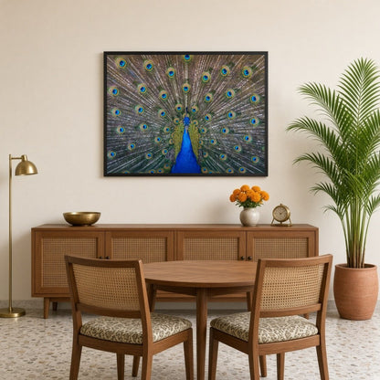 Elevate your space with the vibrant beauty of the Majestic Peacock Splendor Vastu Art Print. This for Dining