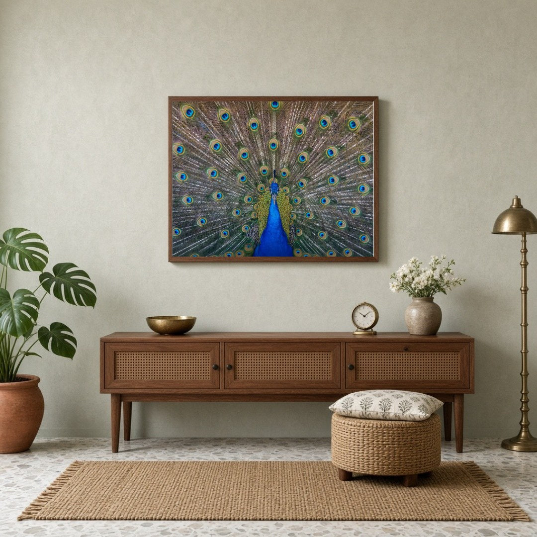 Elevate your space with the vibrant beauty of the Majestic Peacock Splendor Vastu Art Print. This for Entrance