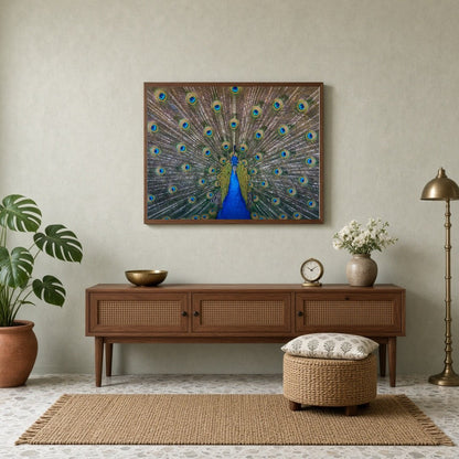 Elevate your space with the vibrant beauty of the Majestic Peacock Splendor Vastu Art Print. This for Entrance