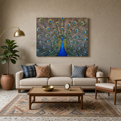 Elevate your space with the vibrant beauty of the Majestic Peacock Splendor Vastu Art Print. This for Living Room