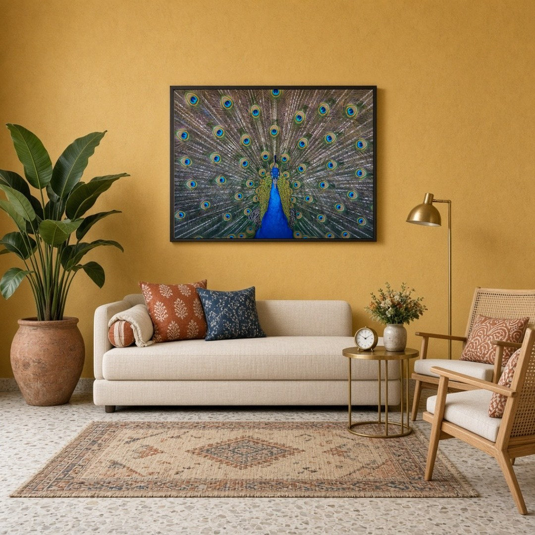 Elevate your space with the vibrant beauty of the Majestic Peacock Splendor Vastu Art Print. This for Sitting Lounge