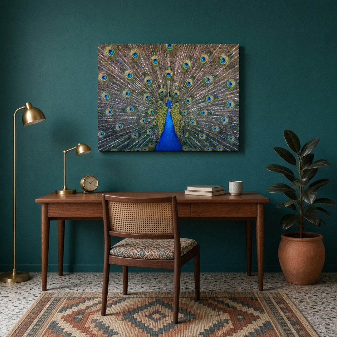 Elevate your space with the vibrant beauty of the Majestic Peacock Splendor Vastu Art Print. This for Study