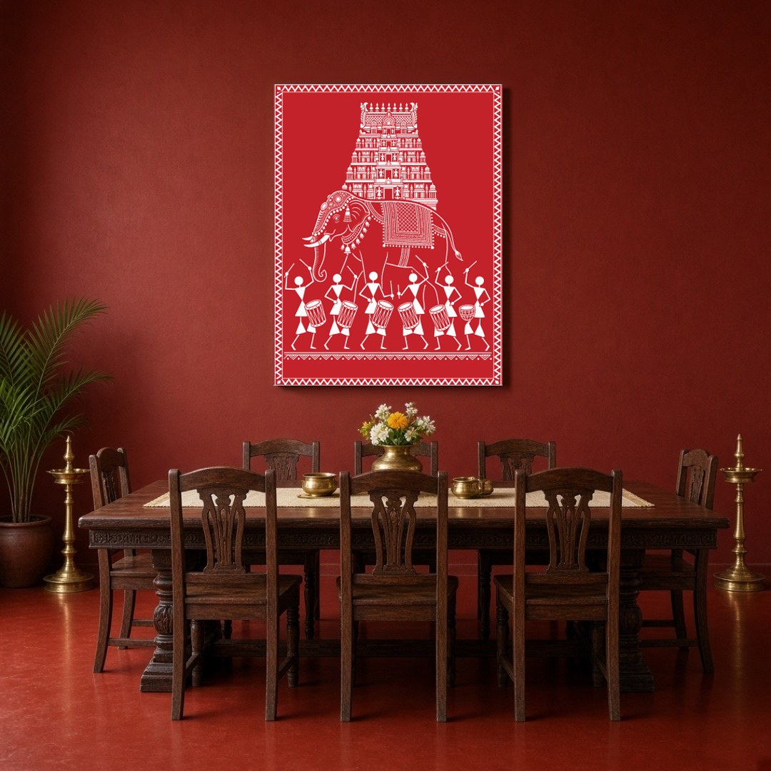 Embrace the rhythmic celebration of life with this captivating Warli Art print, showcasing a for Dining