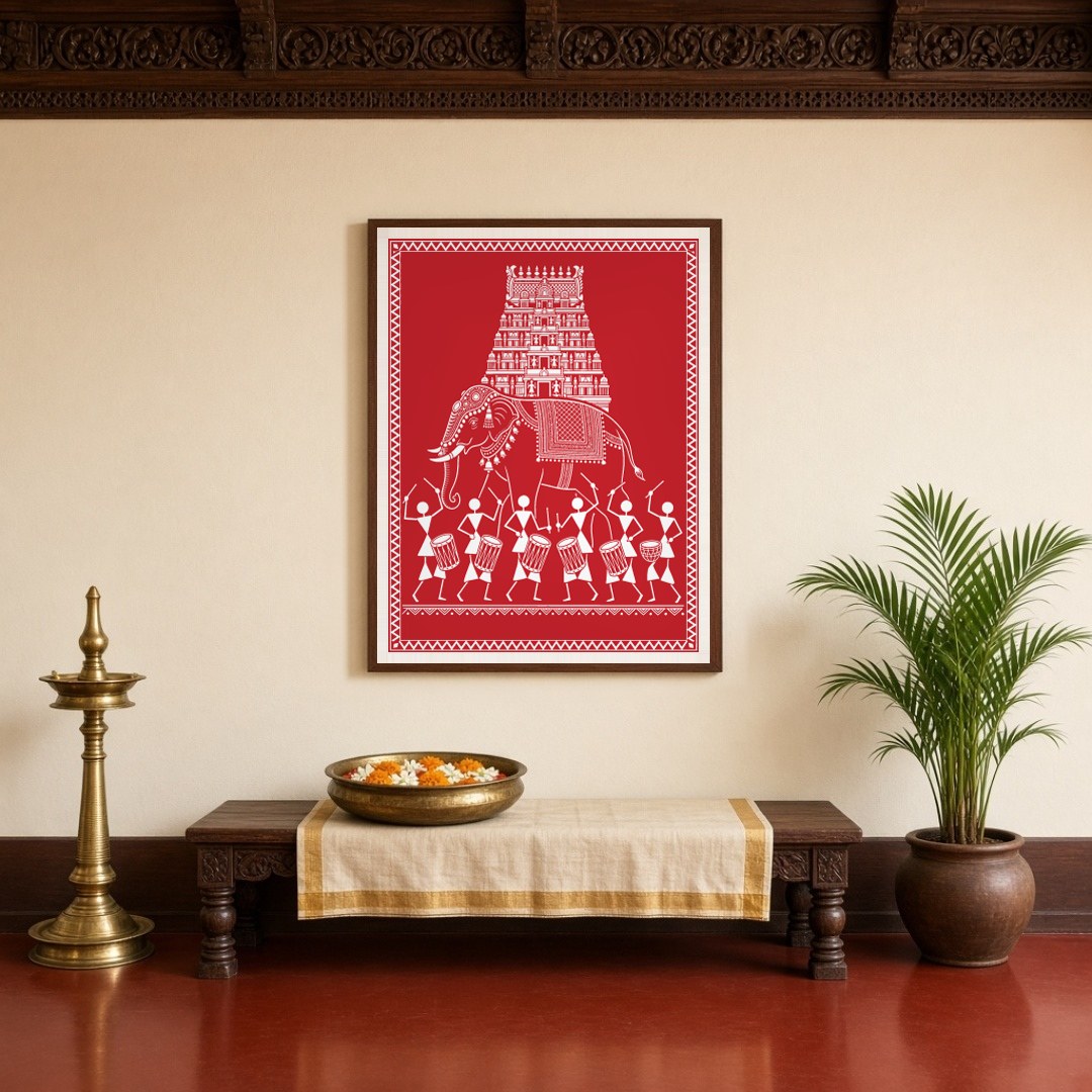 Embrace the rhythmic celebration of life with this captivating Warli Art print, showcasing a for Entrance