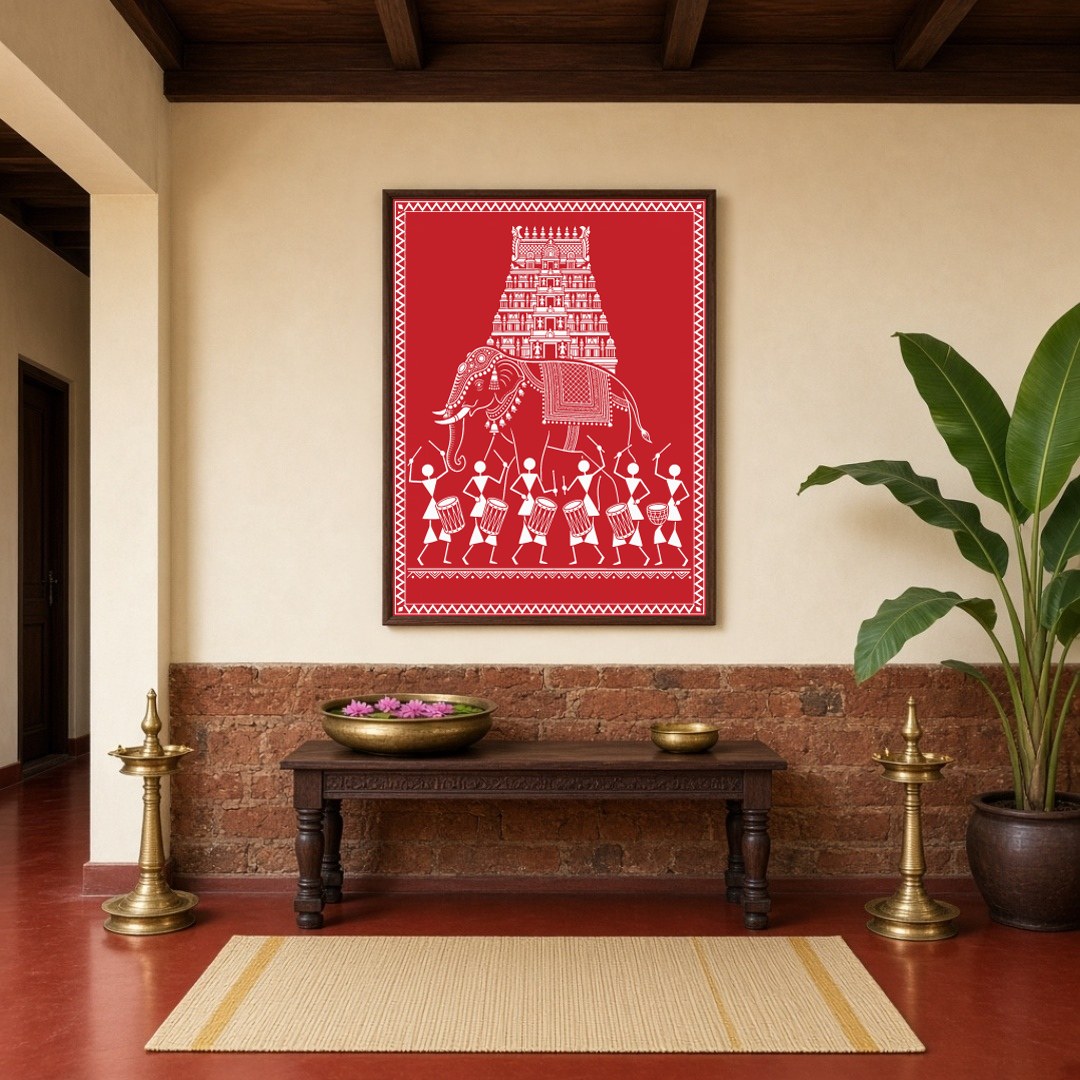 Embrace the rhythmic celebration of life with this captivating Warli Art print, showcasing a for Hallway