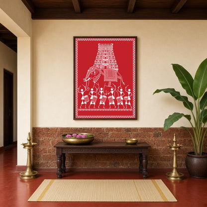 Embrace the rhythmic celebration of life with this captivating Warli Art print, showcasing a for Hallway