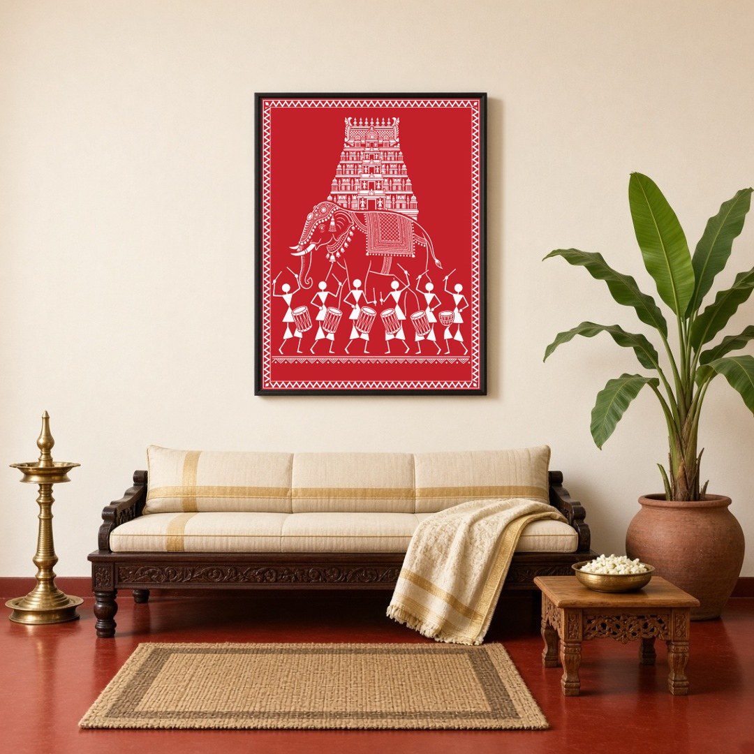 Embrace the rhythmic celebration of life with this captivating Warli Art print, showcasing a for Living Room