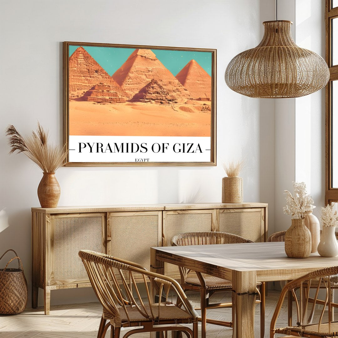 Capture the timeless allure of the Pyramids of Giza with this stunning wall art piece. This artwork for Dining