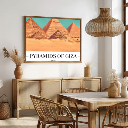 Capture the timeless allure of the Pyramids of Giza with this stunning wall art piece. This artwork for Dining