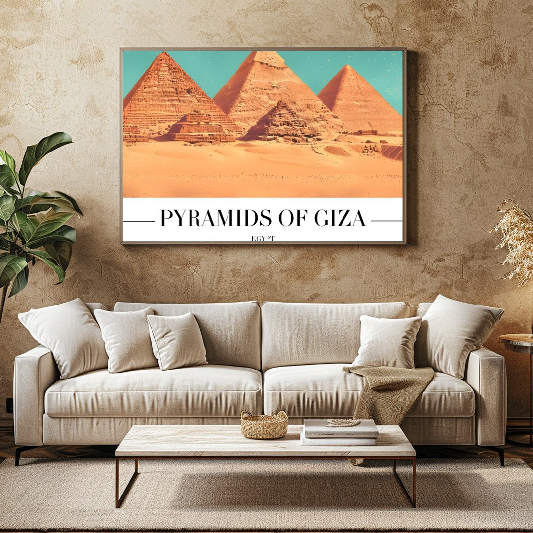 Capture the timeless allure of the Pyramids of Giza with this stunning wall art piece. This artwork for Family Room