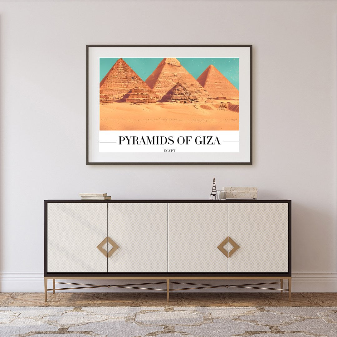 Capture the timeless allure of the Pyramids of Giza with this stunning wall art piece. This artwork for Foyer