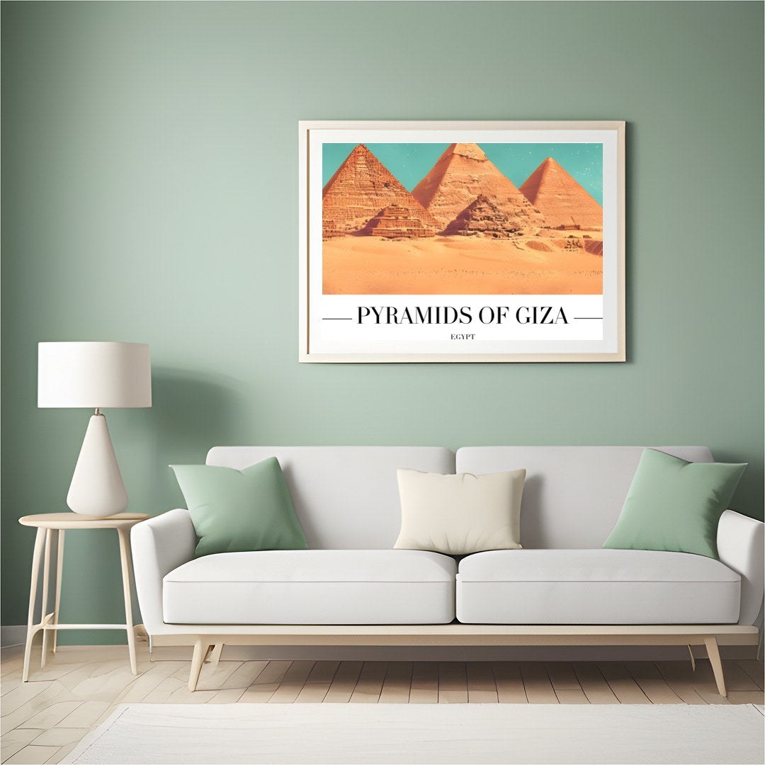 Capture the timeless allure of the Pyramids of Giza with this stunning wall art piece. This artwork for Hall