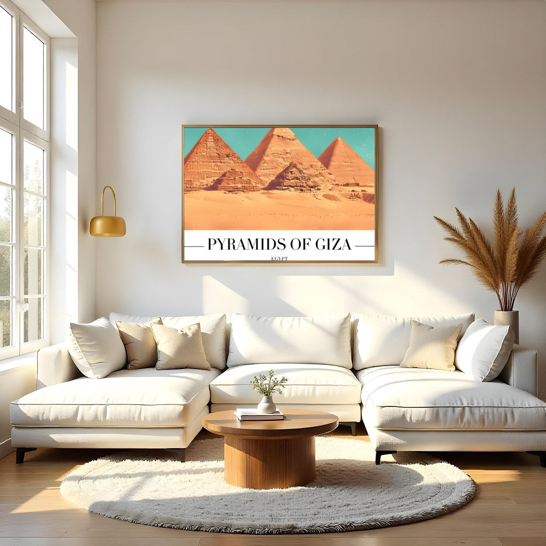 Capture the timeless allure of the Pyramids of Giza with this stunning wall art piece. This artwork for Living Room