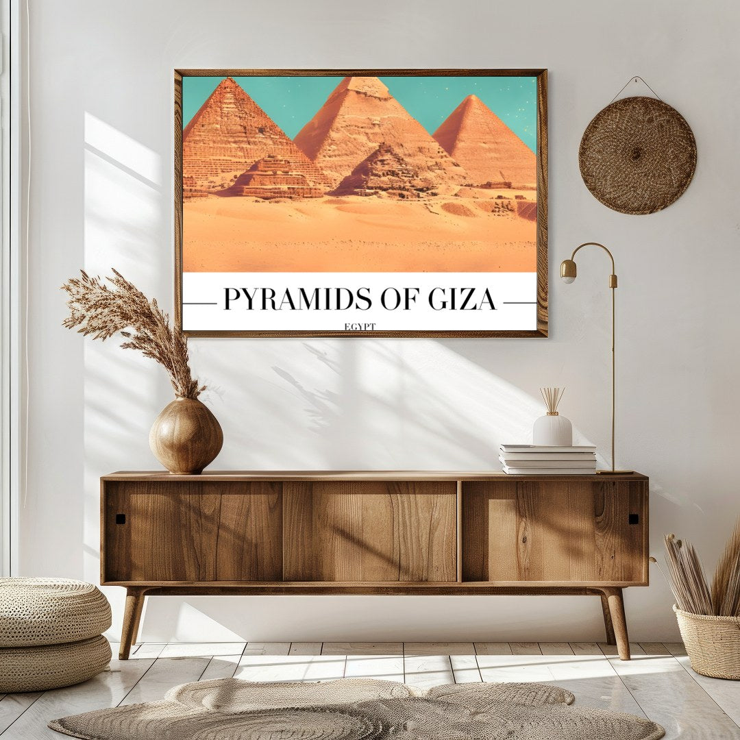 Capture the timeless allure of the Pyramids of Giza with this stunning wall art piece. This artwork for Sitting Area