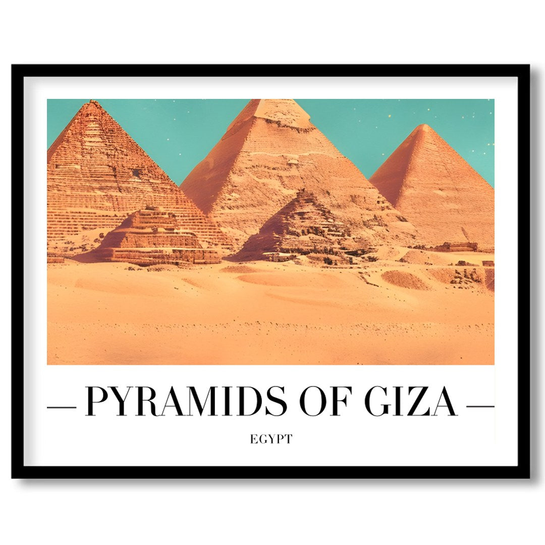 Capture the timeless allure of the Pyramids of Giza with this stunning wall art piece. This artwork for space