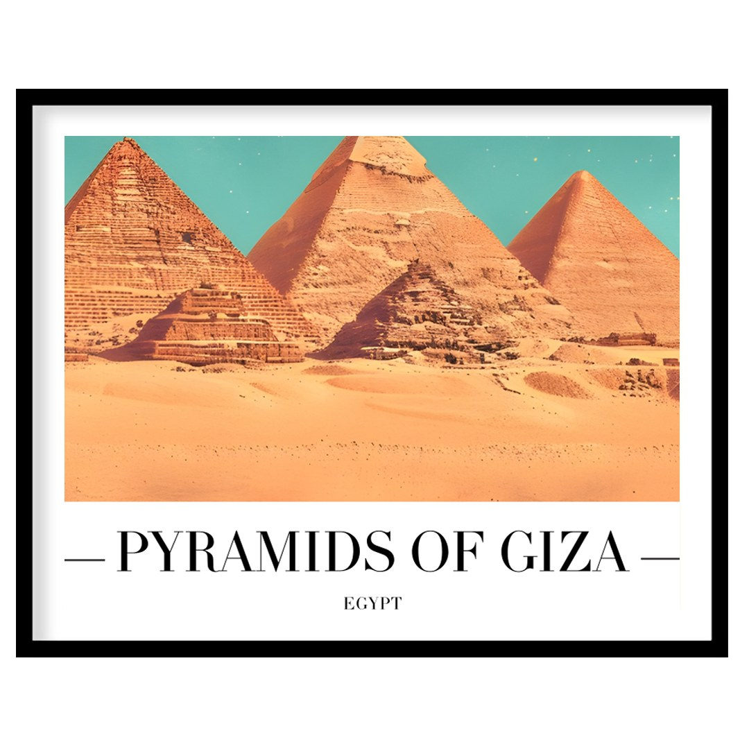 Capture the timeless allure of the Pyramids of Giza with this stunning wall art piece. This artwork for space