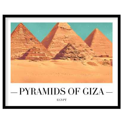 Capture the timeless allure of the Pyramids of Giza with this stunning wall art piece. This artwork for space
