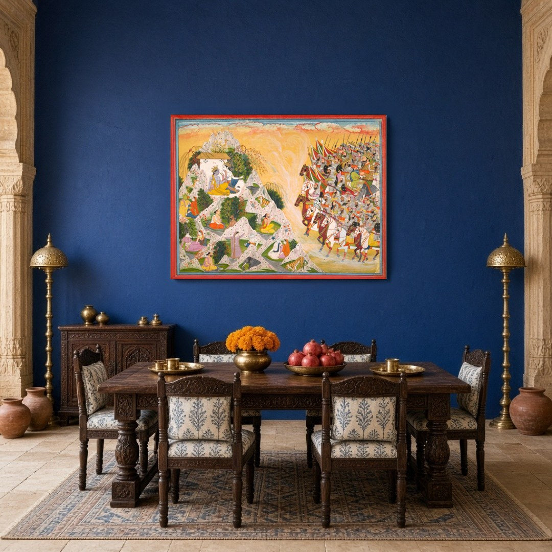Experience the grandeur of Indo-Mughal art with this intricate portrayal of Rajput warriors for Dining