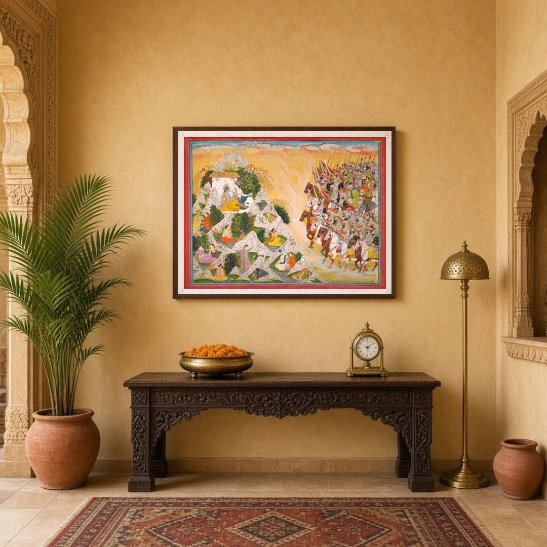 Experience the grandeur of Indo-Mughal art with this intricate portrayal of Rajput warriors for Entrance