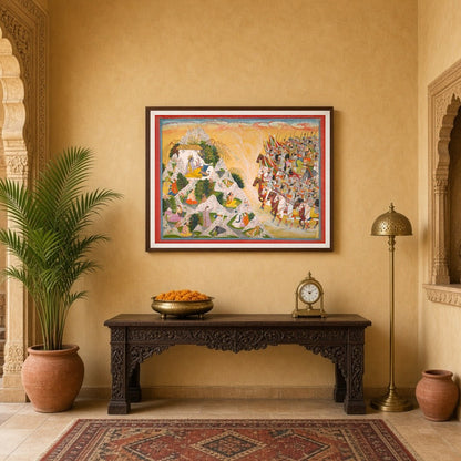 Experience the grandeur of Indo-Mughal art with this intricate portrayal of Rajput warriors for Entrance