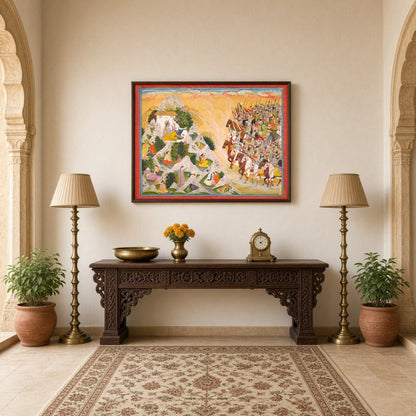 Experience the grandeur of Indo-Mughal art with this intricate portrayal of Rajput warriors for Hallway