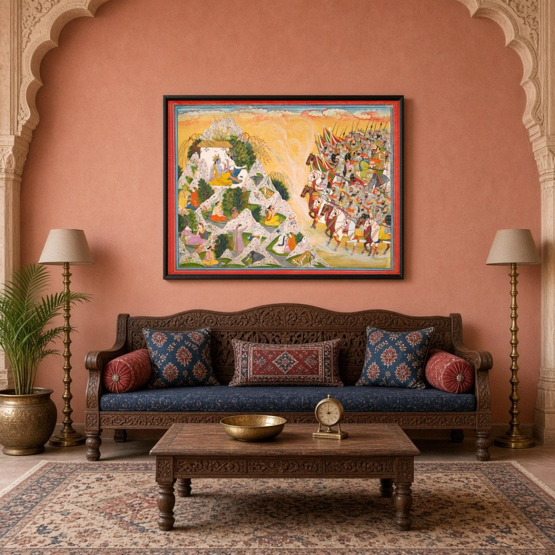 Experience the grandeur of Indo-Mughal art with this intricate portrayal of Rajput warriors for Living Room
