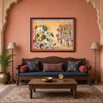 Experience the grandeur of Indo-Mughal art with this intricate portrayal of Rajput warriors for Living Room