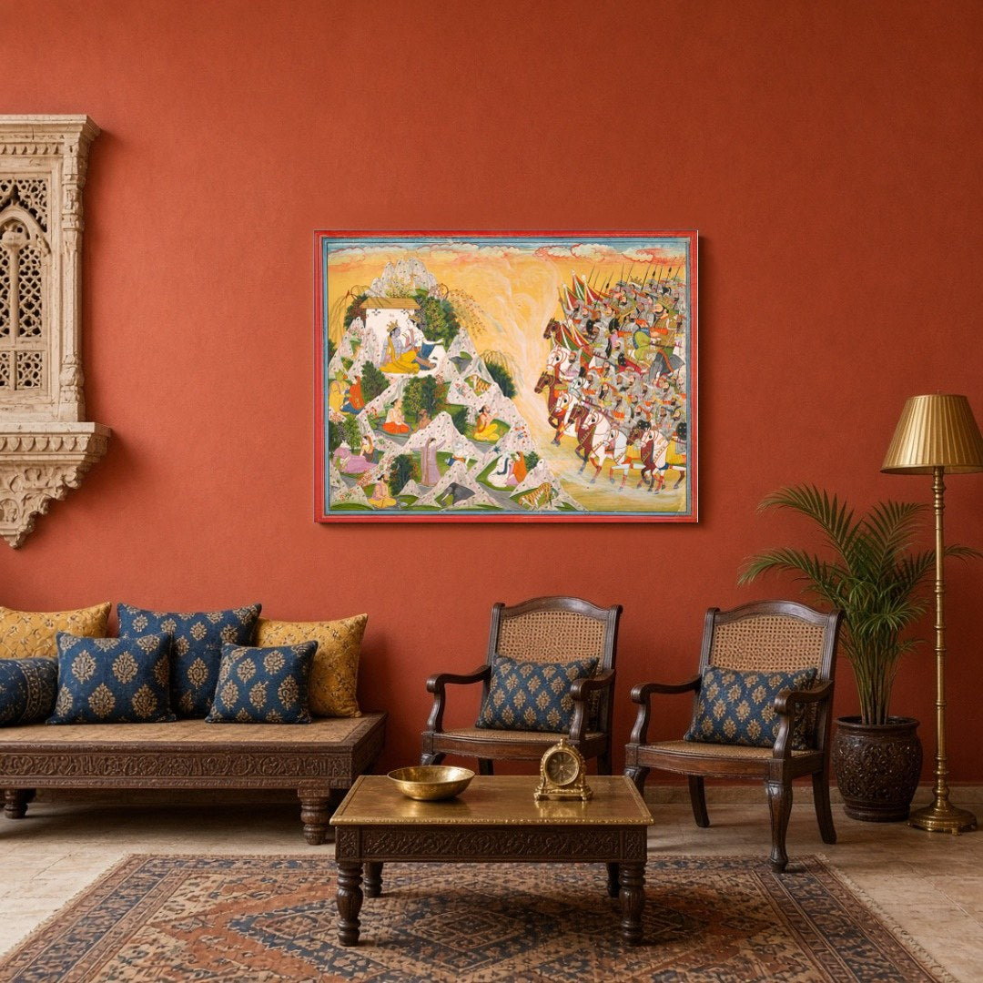 Experience the grandeur of Indo-Mughal art with this intricate portrayal of Rajput warriors for Sitting Area