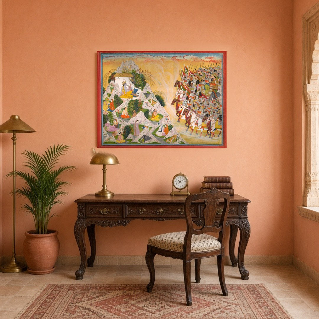 Experience the grandeur of Indo-Mughal art with this intricate portrayal of Rajput warriors for Study