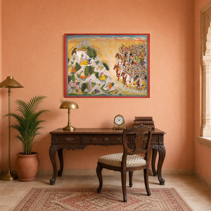 Experience the grandeur of Indo-Mughal art with this intricate portrayal of Rajput warriors for Study