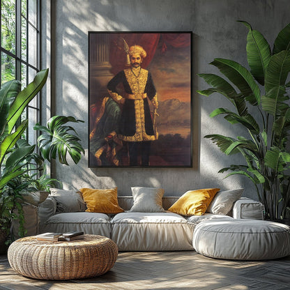 This exquisite artwork captures the grandeur of a noble figure, dressed in opulent attire, exuding for Balcony