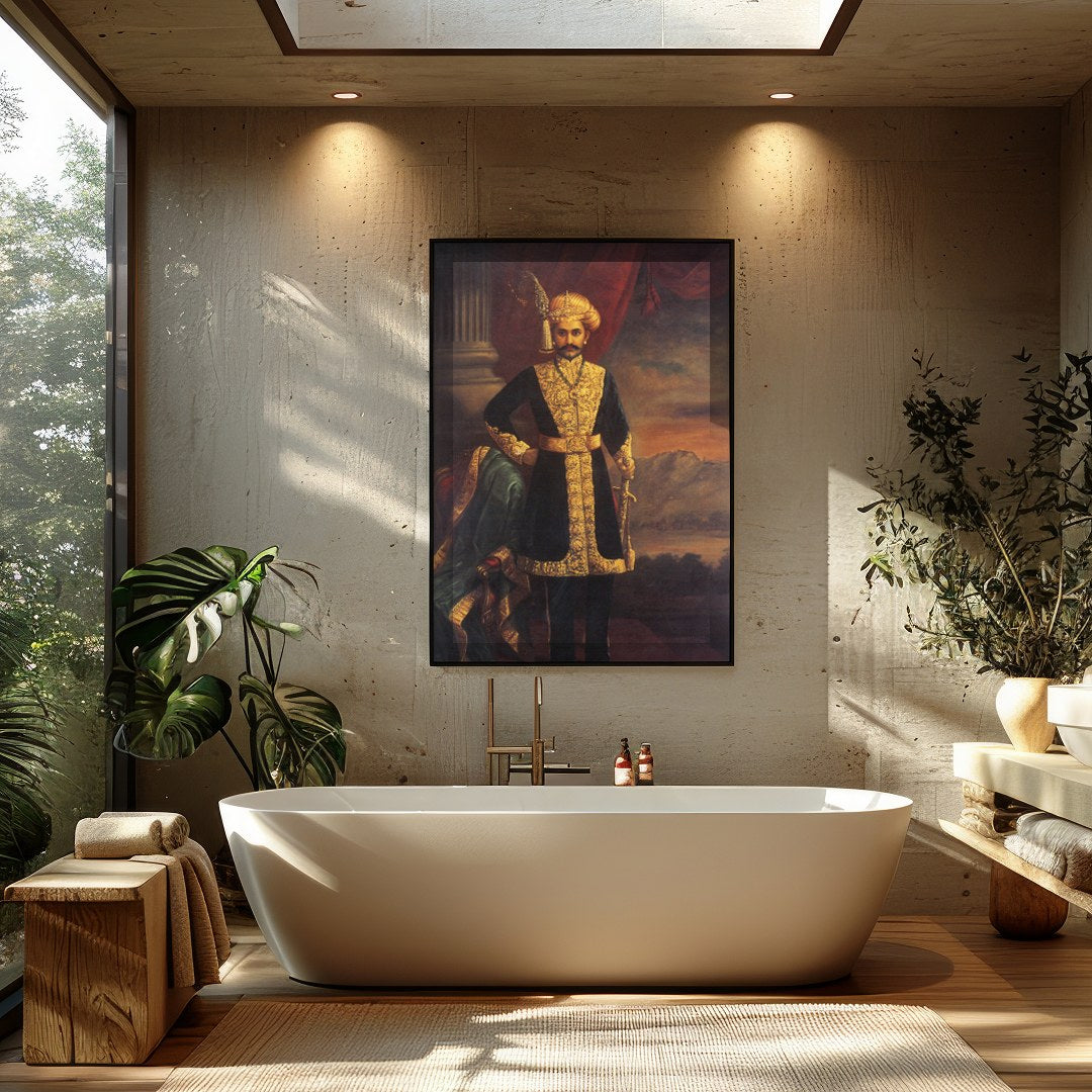 This exquisite artwork captures the grandeur of a noble figure, dressed in opulent attire, exuding for Bathroom