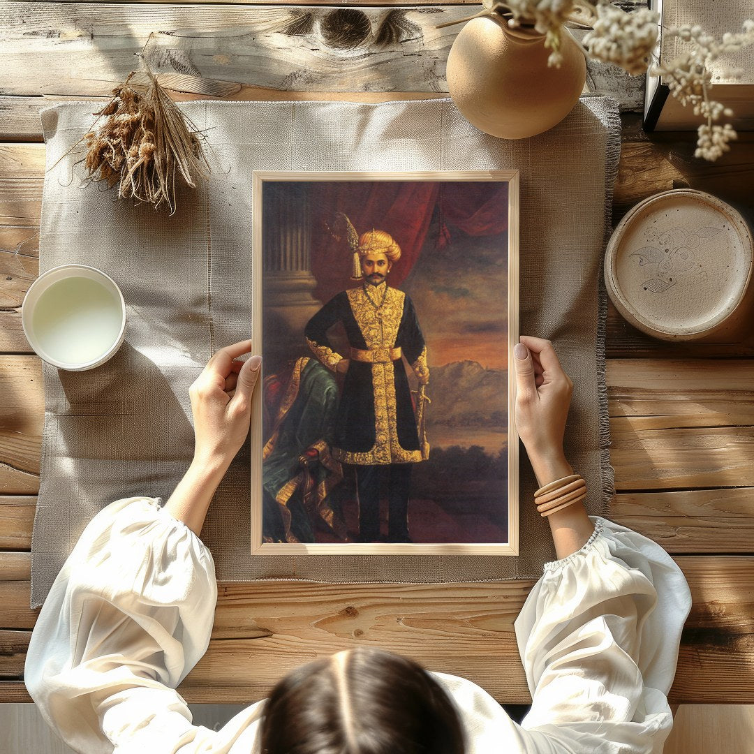 This exquisite artwork captures the grandeur of a noble figure, dressed in opulent attire, exuding for decor