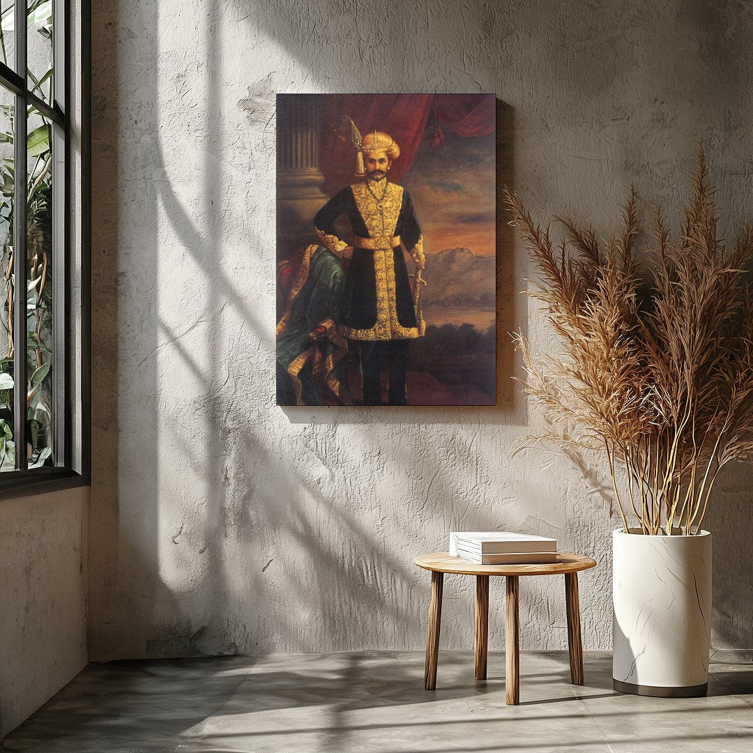 This exquisite artwork captures the grandeur of a noble figure, dressed in opulent attire, exuding for Entrance