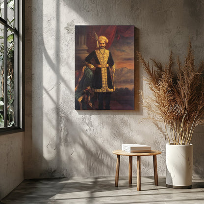 This exquisite artwork captures the grandeur of a noble figure, dressed in opulent attire, exuding for Entrance