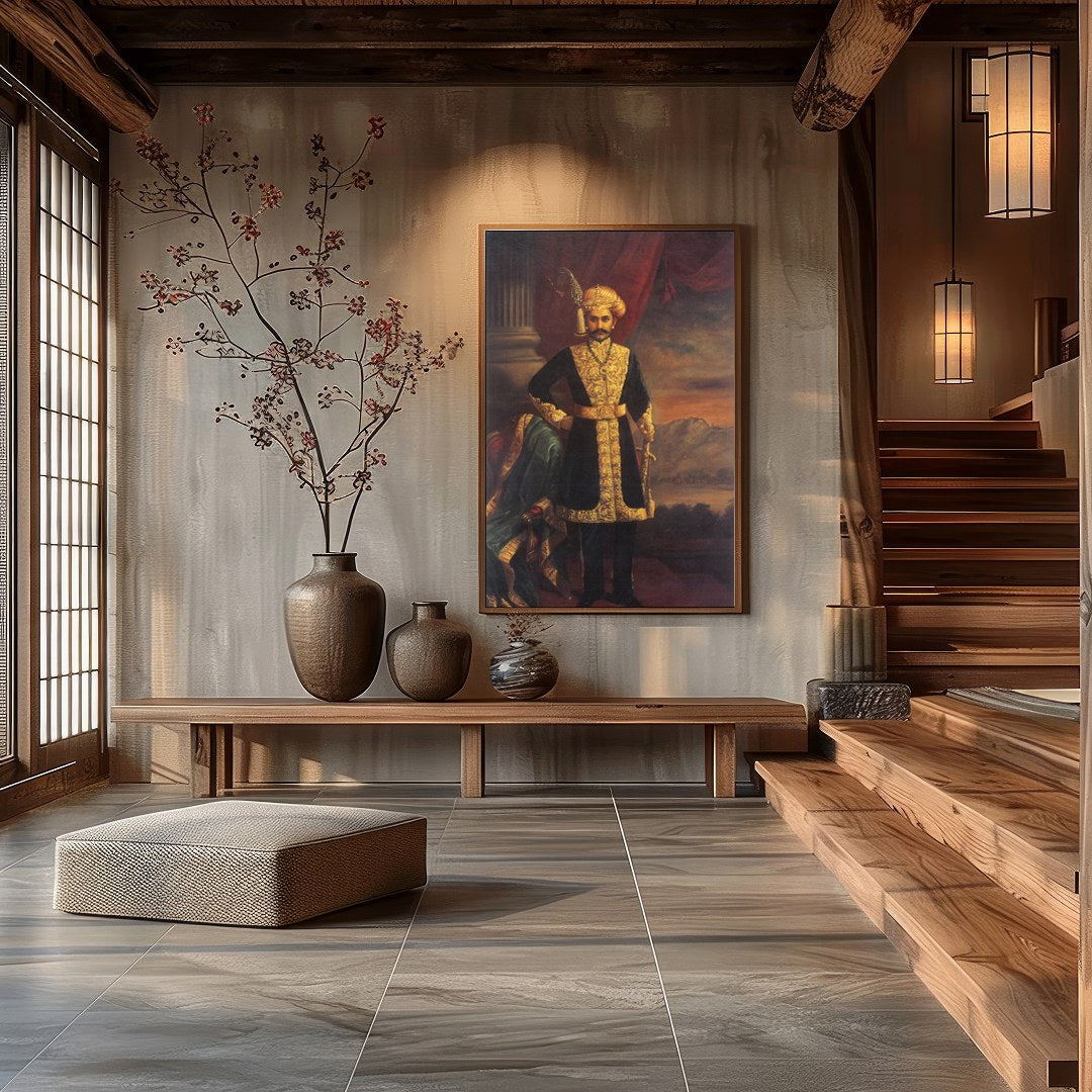This exquisite artwork captures the grandeur of a noble figure, dressed in opulent attire, exuding for Hall